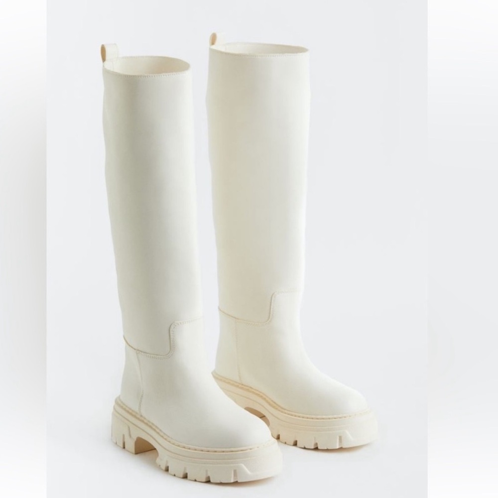 Cream Knee-High Rubber Lug Boots - 38